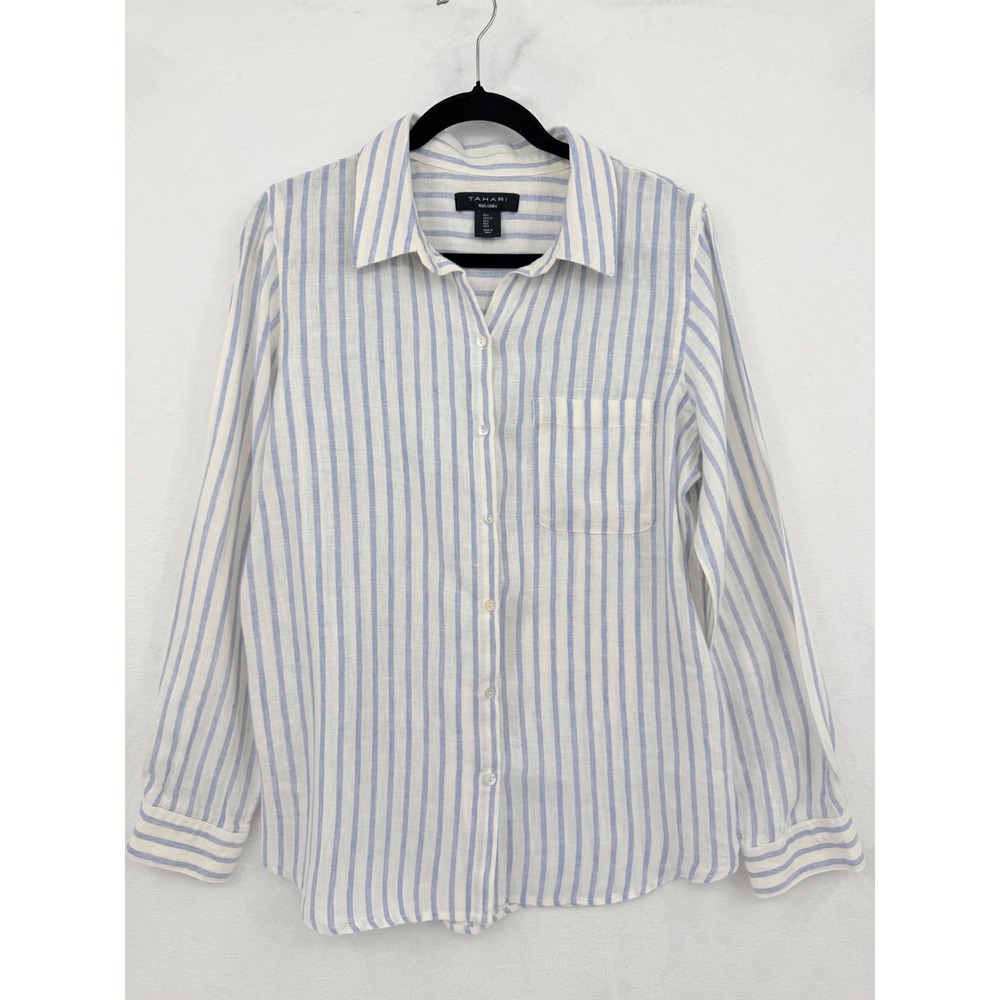 Tahari 100% Linen Blue White Striped Button Down Shirt Long Sleeve L Breathable